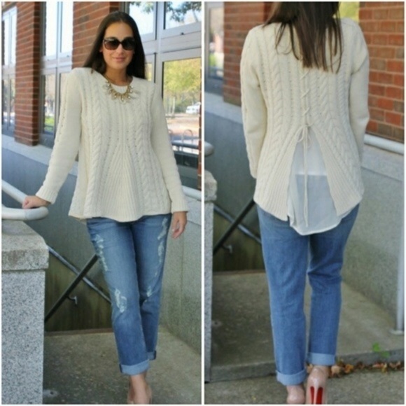 Cabi• cream cable knit lace up sweater style #3157 - Picture 2 of 8